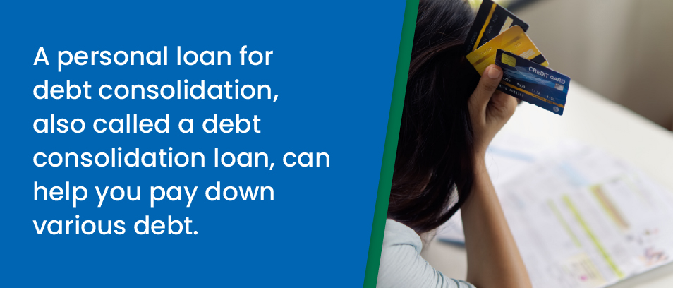 A personal loan for debt consolidation, also called a debt consolidation loan, can help you pay down various debt - Image of a woman holding multiple credit cards looking at bills